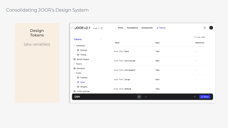 View of JOOR's Design System in InVision DSM, design tokens
