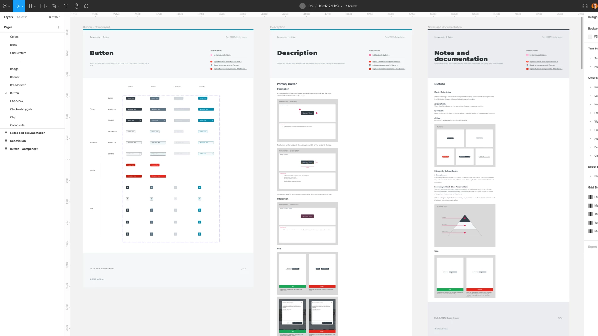 View of JOOR's new Design System file in Figma, button component
