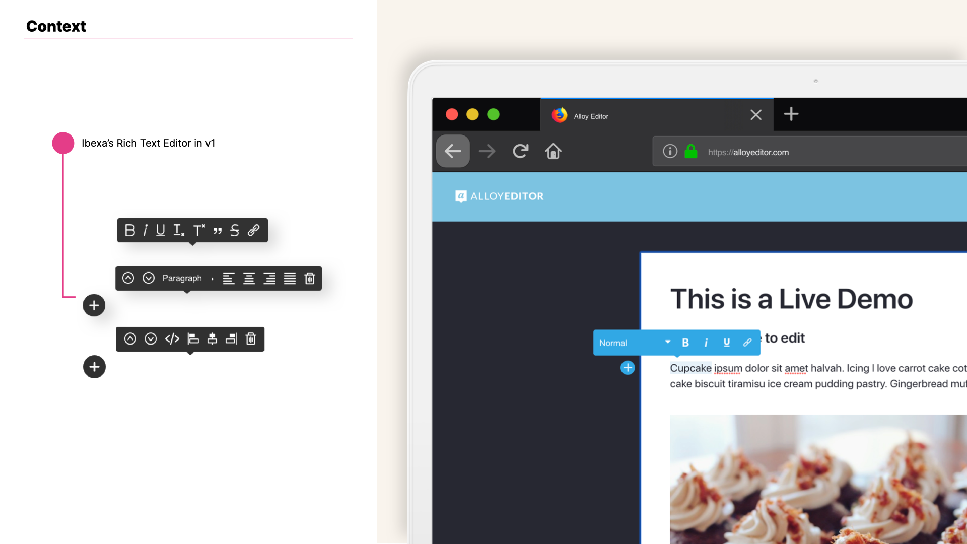 View of Ibexa's online editor v1 and demo view of Liferay's Alloy Editor