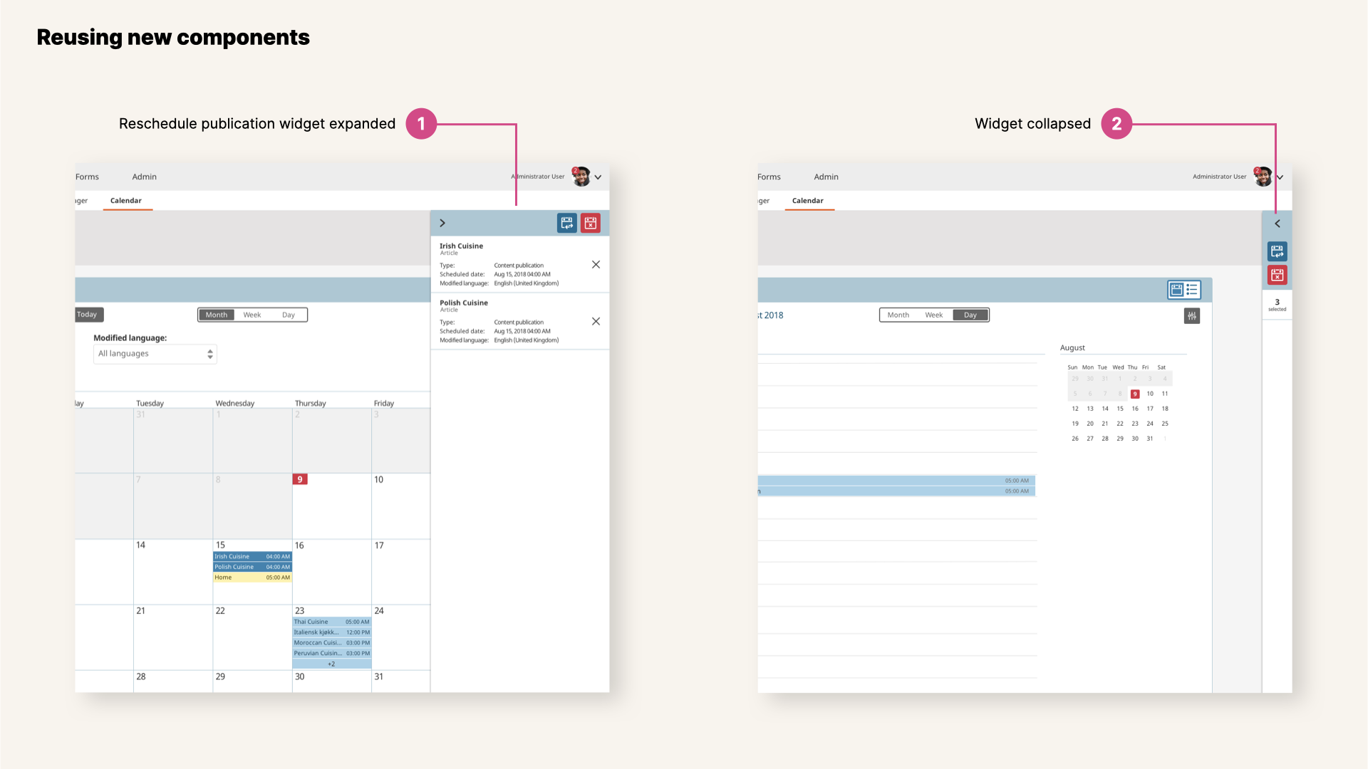 New components redesigned, view of multiple selection widget in Calendar view