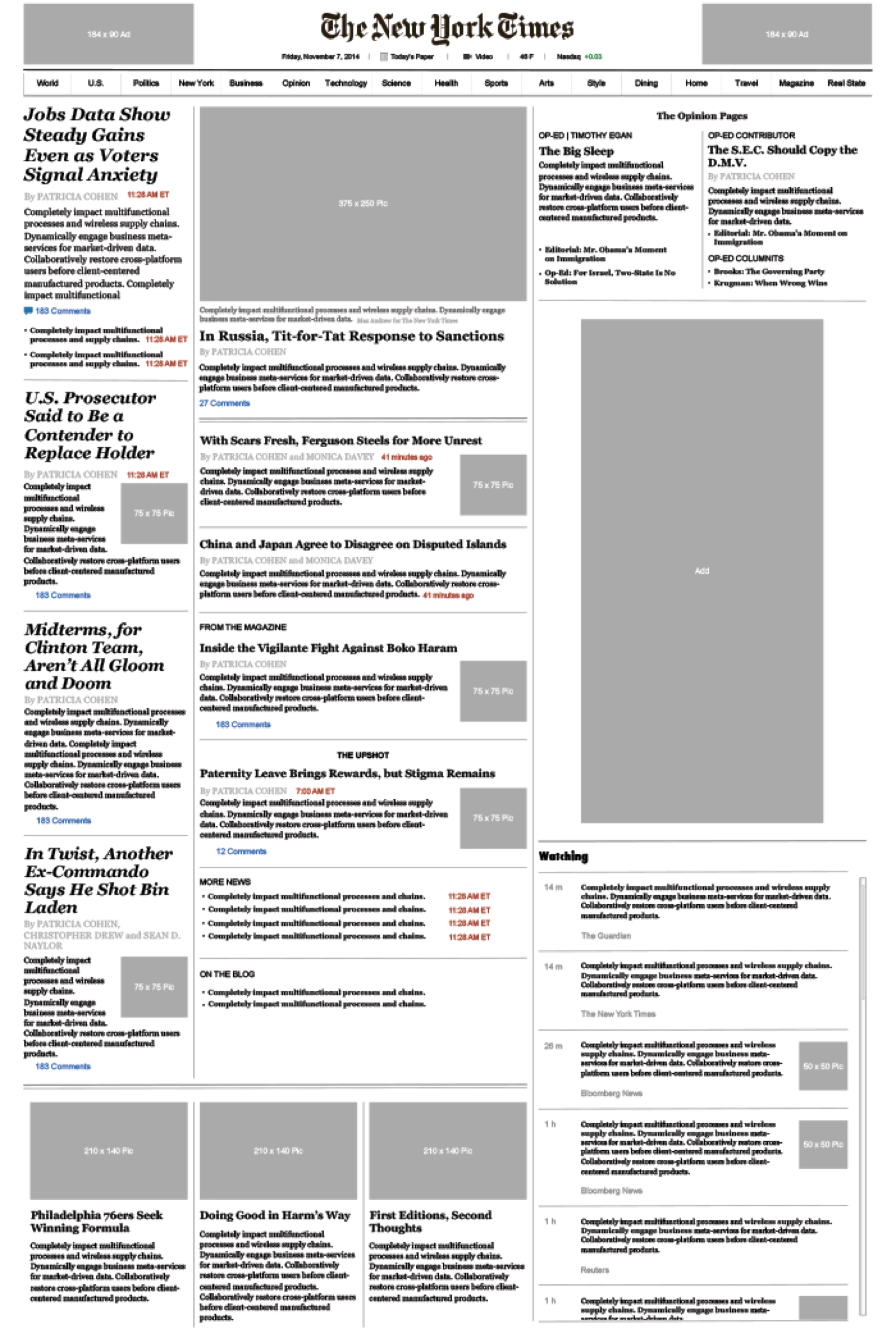 Image of the The New York Time home page wireframe